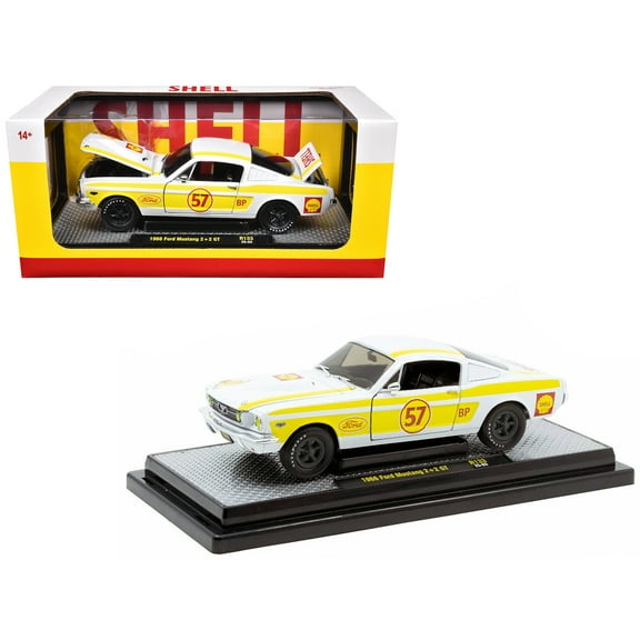 1966 Ford Mustang 2 2 GT #57 "Shell Oil" White with Yellow Stripes Limited Edition to 5650 pieces Worldwide 1/24 Diecast Model Car by M2 Machines