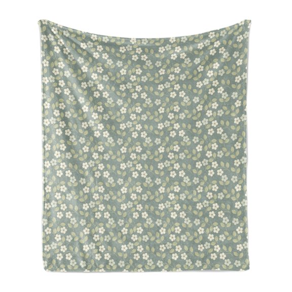 Garden Soft Flannel Fleece Blanket, Summer Blossoms Flourishing Swirly Branches of Yard Flowers Spring Stems, Cozy Plush for Indoor and Outdoor Use, 70" x 90", Grey Teal Pale Green, by Ambesonne