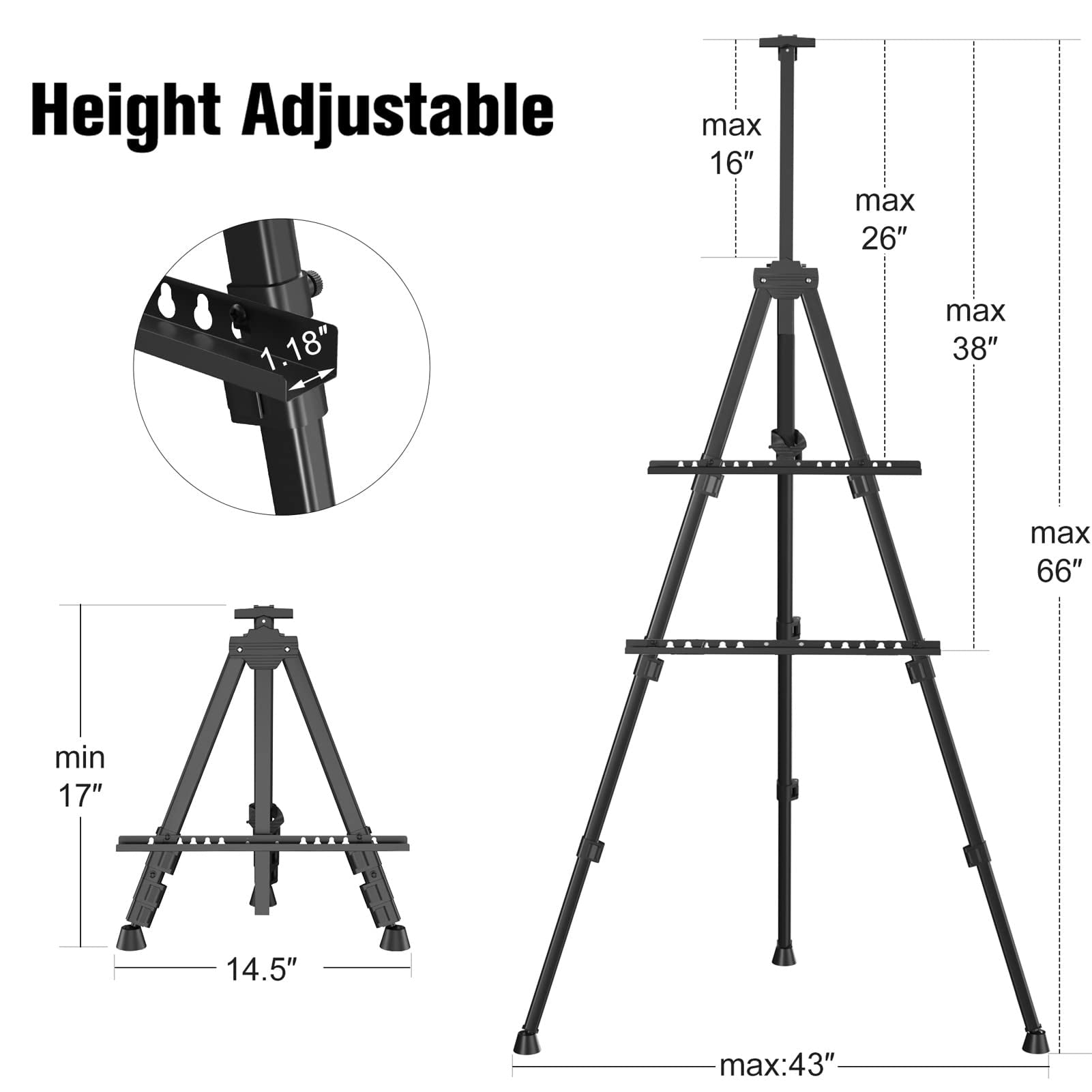Art Painting ArtistTRDN&nbsp;Easel Stand, Portable Adjustable Aluminum Metal Tripod Display Easel with Bag, Height from 17 to 66 inch for Table-Top/Floor Drawing and Displaying, Black