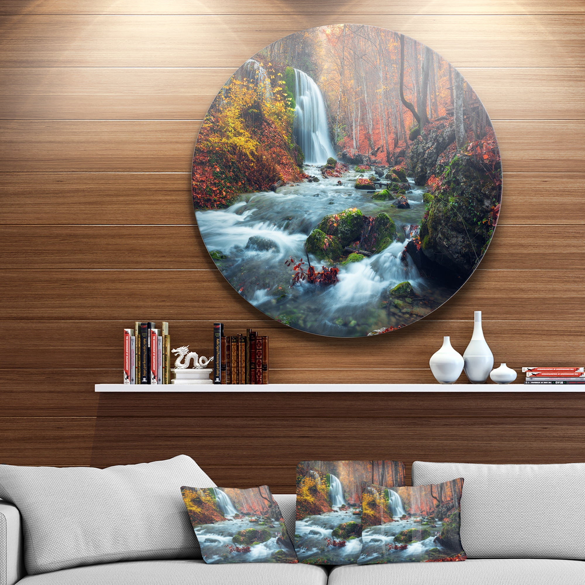 Designart 'Autumn Mountain Waterfall Long View' Landscape Photography Circle Metal Wall Art