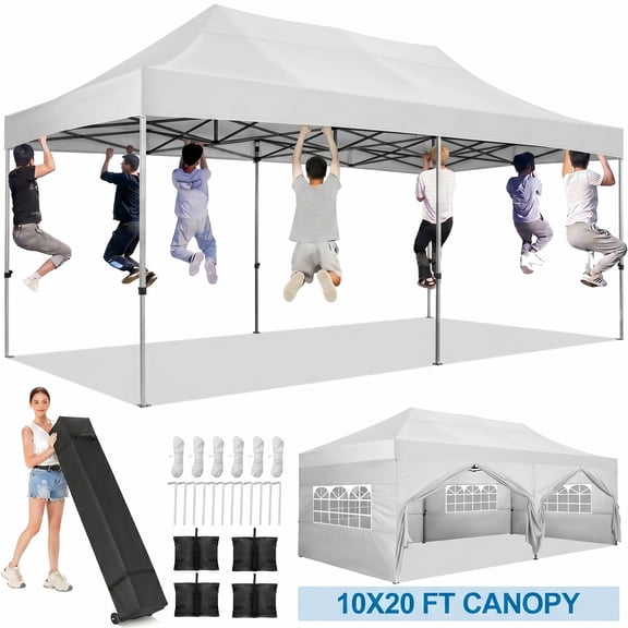 SANOPY 10x20 FT Heavy Duty Pop up Canopy , Commercial Canopy Tent, Adjustable Height Party Tent with 6 Removable Sidewalls, 4 Sandbags, Roller Bag, White