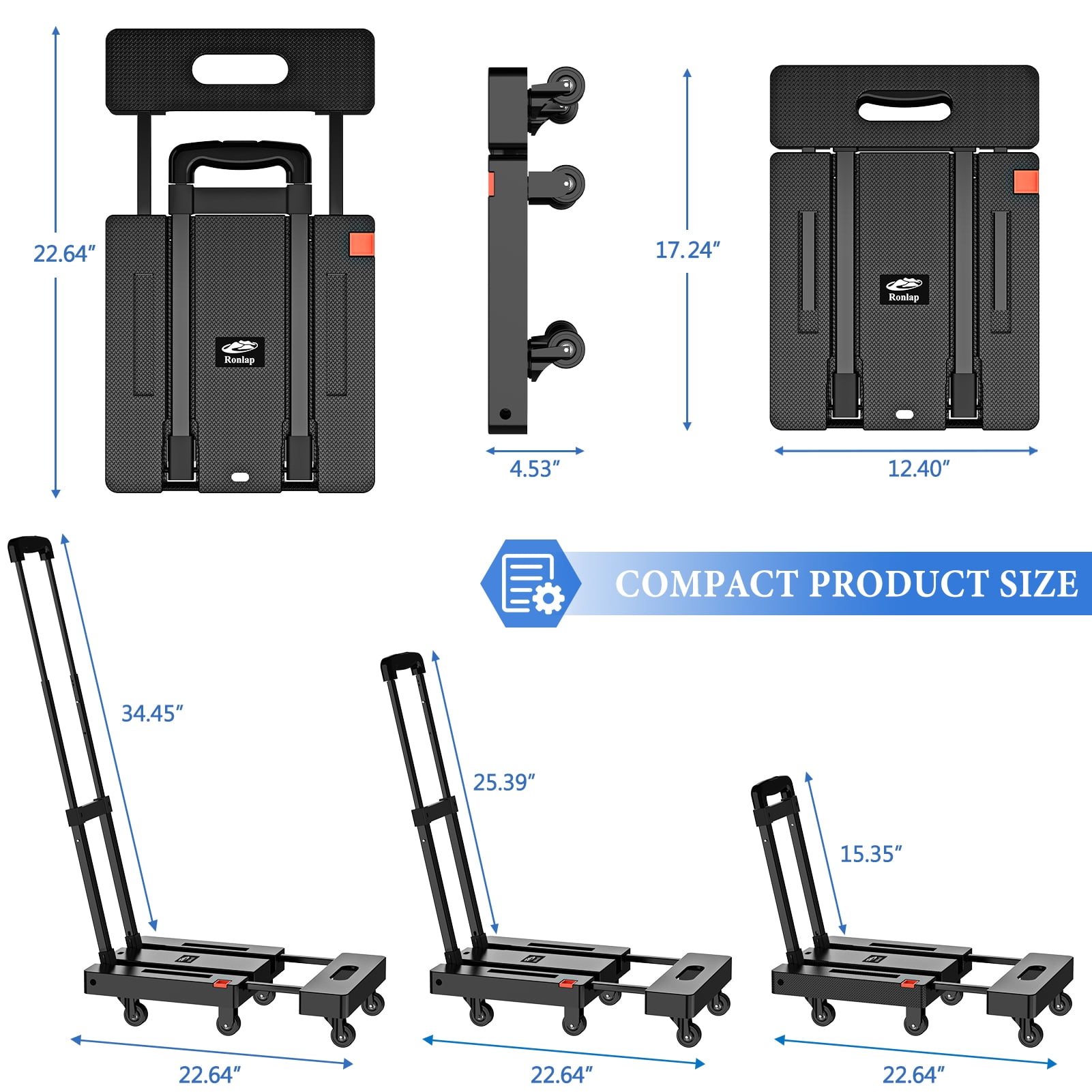 500lbs Folding Hand Truck, Heavy Duty Dolly, Portable 6 Wheels Collapsible Luggage Cart with 2 Elastic Ropes for Moving, Travel, Shopping, House Office Use,Black
