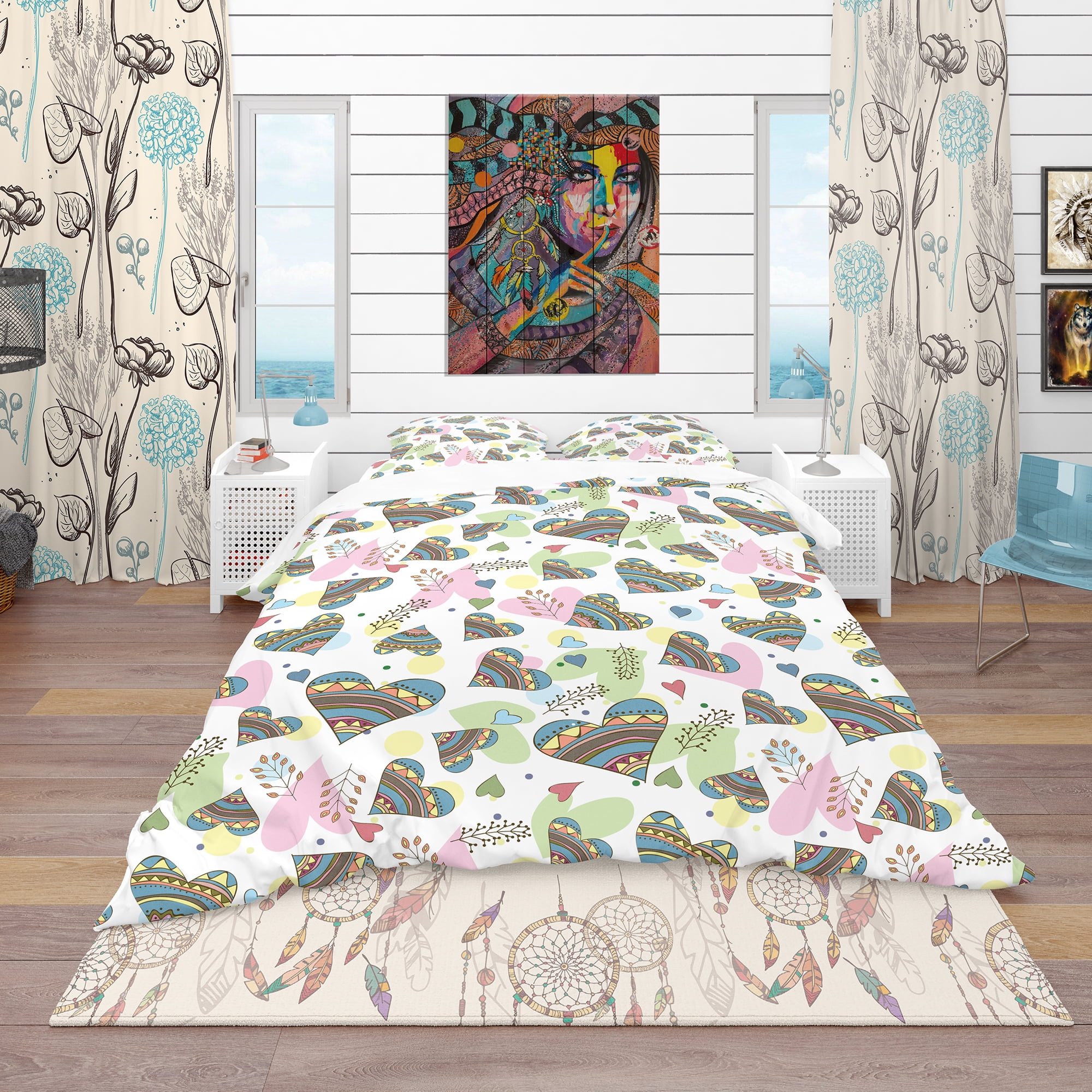 Designart 'Pattern of Drawing Doodle Hearts' Modern & Contemporary Duvet Cover Set