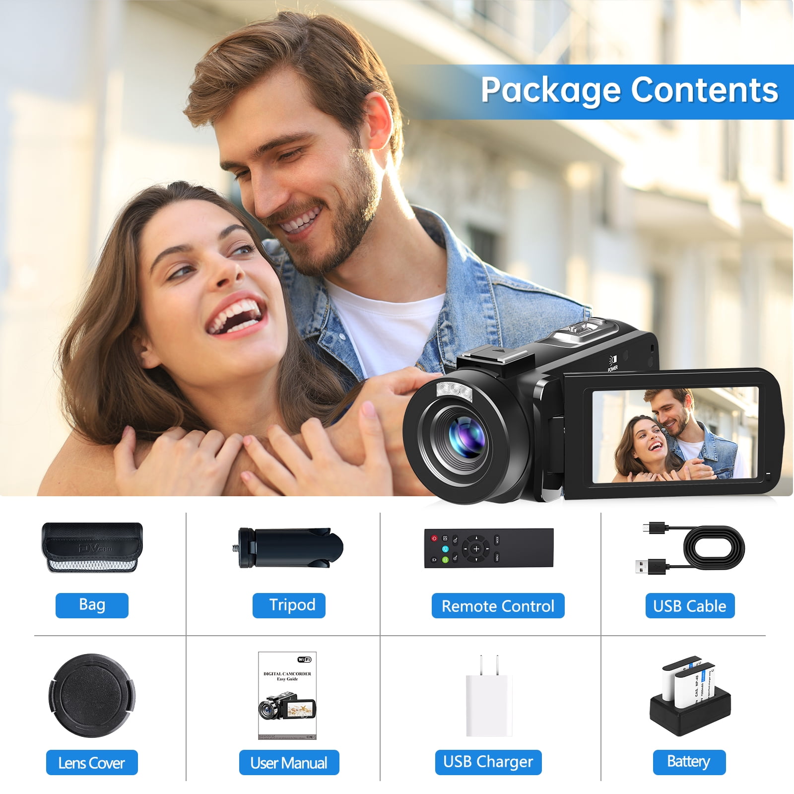 Saneen Video Camera Camcorder Full HD 1080P 24MP IR Night Vision Vlogging Camera for YouTube 18X Digital Zoom 3.0 Inch 270 Degree Rotation Touch Screen with Tripod & Battery