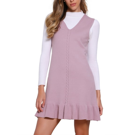 INSPIRE CHIC Women's Dress Chunky Knit Sleeveless V Neck Ruffle Hem Vest Sweater Dress XS Dusty Pink