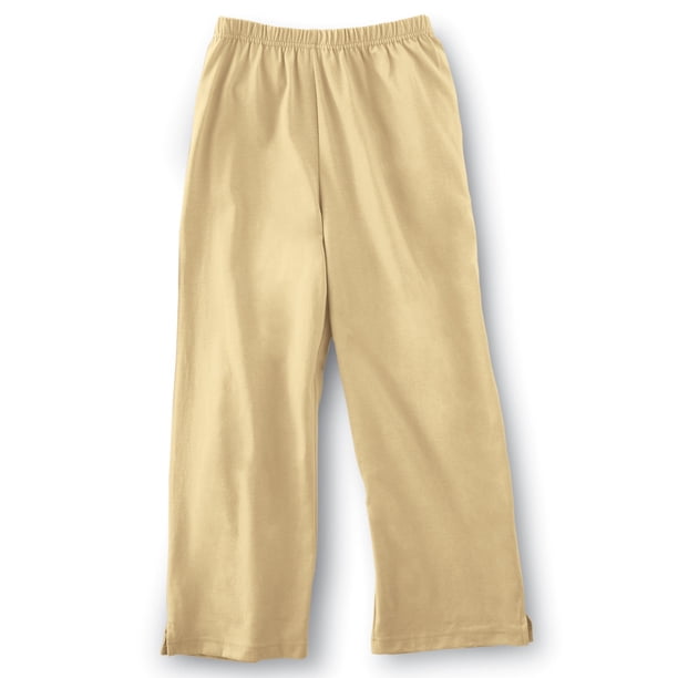 Pantalones capri cortos de punto de algodón para mujer con cintura elástica, color caqui, talla pequeña