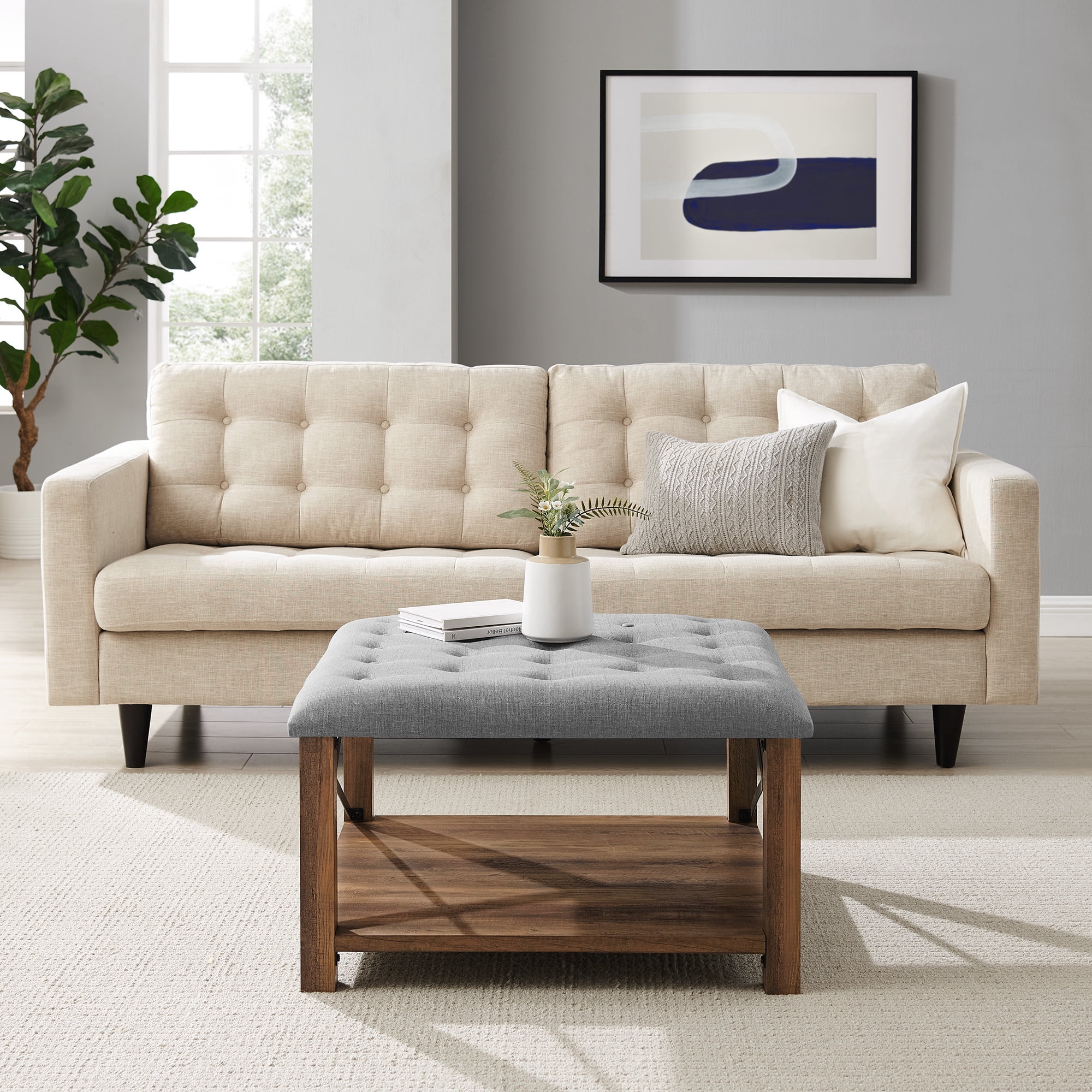 Walker Edison Farmhouse 30" Square Tufted Ottoman - Grey