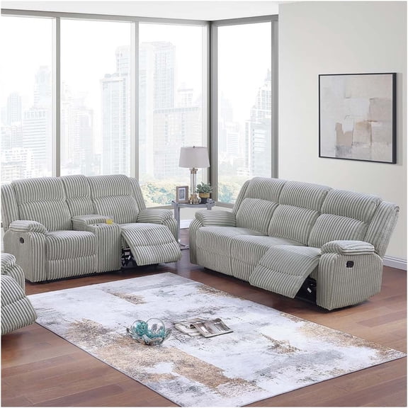 JERFIT Modern Reclining Sofa and Loveseat Set with Console, Plush Corduroy Upholstery, Ash Grey Motion Living Room Furniture