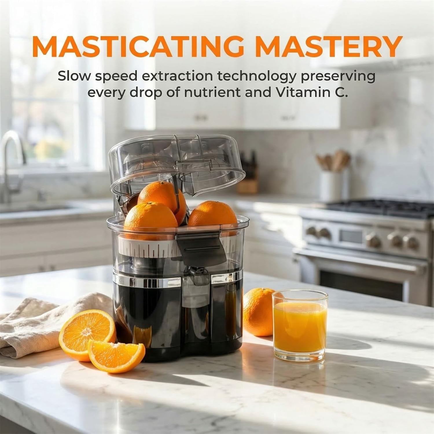 Dual-Head Automatic Citrus Juicer, Orange Juicer Electric, 1-Button Automatic Juicer Machine for Orange, Lemon, Lime, Easy to Clean & Use, Built-in Cutter and Cleaning Brush (White)