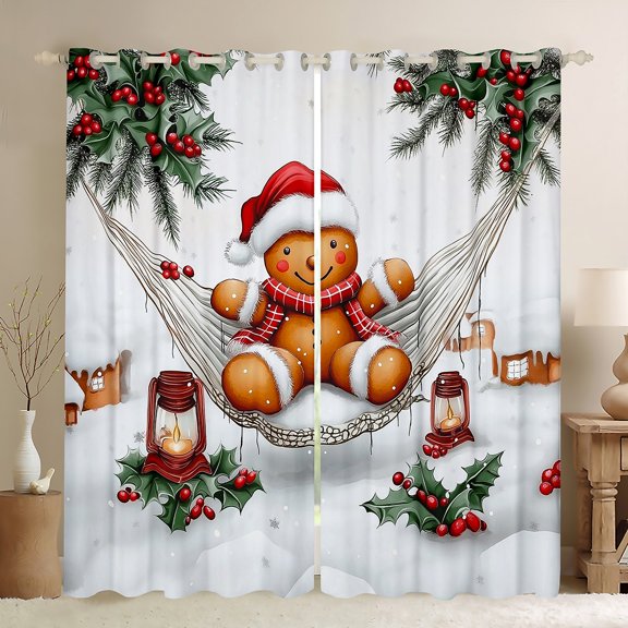 Feelyou Kawaii Gingerbread Man Curtains Pack of 2 (42x84 Each), Christmas Flower Leaf Curtains Blackout, Teens Boys Girls Kids Bedroom Curtains, Blackout Curtains Room Decor