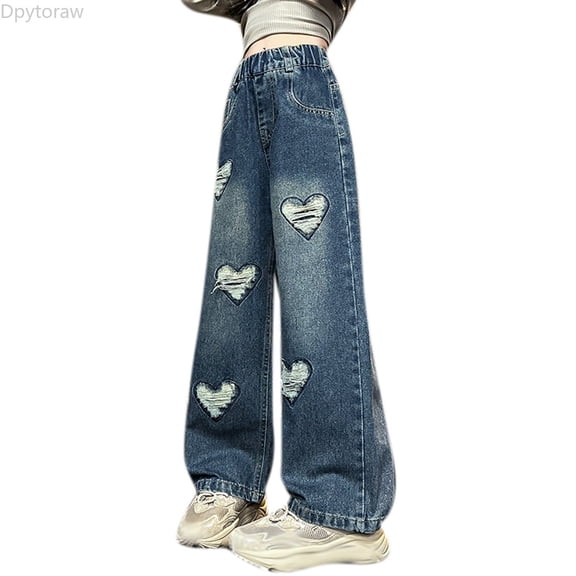 Dpytoraw Tween Girls Baggy Jeans Elastic Waist Heart Patch Wide Leg Denim Pants for Girls with Pockets Size 4-5 Years