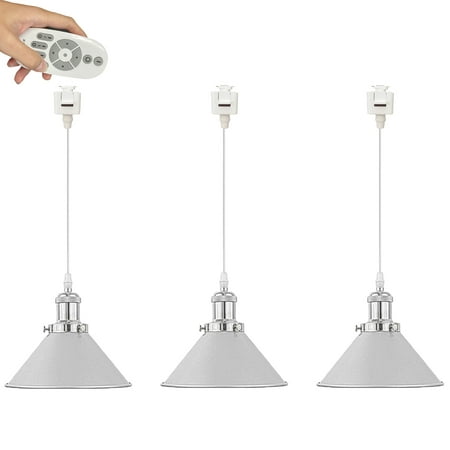 

FSLiving J-Type Track Pendant Light Silver Metal Hanging Light Remote Control Lamp Vintage Design Light Fixture for Bedroom Entryway Loft Aisle Color Changing&Stepless Dimming-3 Pack