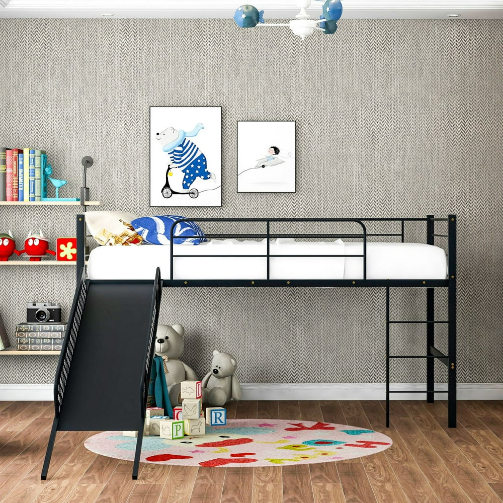 Twin Metal Loft Bed with Slide, Low loft and Strong Slide, Best Choice