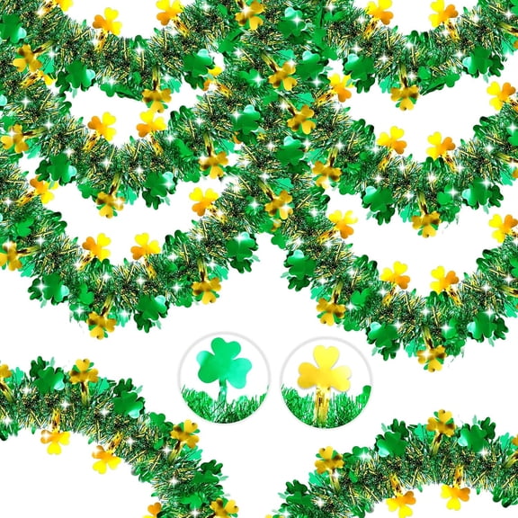 St Patrick's Day Tinsel Garland, 16.4FT Shamrock Tinsel Garland Clover Tinsel Twist Hanging Garland for Outdoor Indoor Home Tree Room Holiday Disco Party Irish St Patricks Day Christmas Decorations
