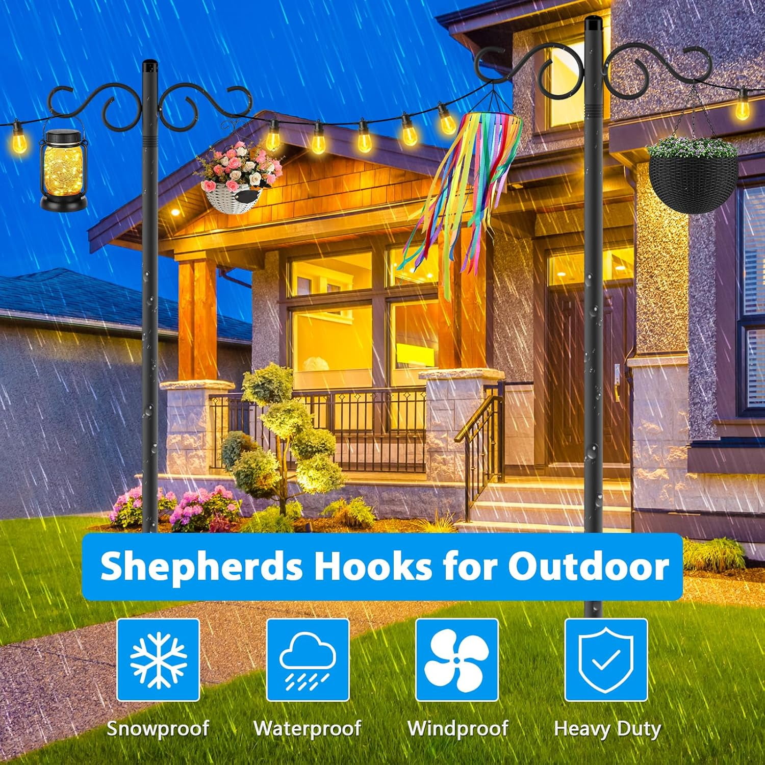 BAODELI Adjustable Shepherd Hooks for Outdoor,2 Pack 90 Inch 5 Prong Base Bird Two Sided Feeder Poles,Heavy Duty Shepherds Hook,Suitable for Garden in Hanging Flower Basket,Lantern,Bird Nests