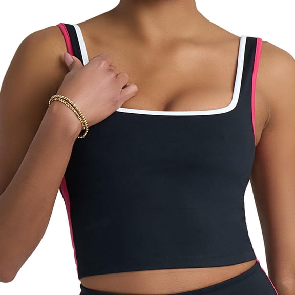 POPSUGAR Workout Tank Tops for Women with Built in Bra, Racerback Sports Athletic Shirts Camisole Yoga Top with Shelf Bra BLACK PINK/WHITE LIGHT, XSMALL