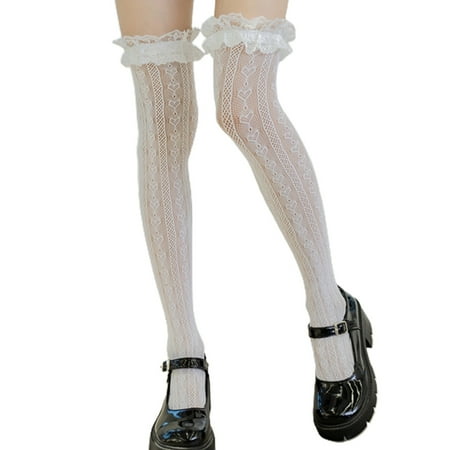

Women Lolita Fishnet Thigh High Socks Japanese Style Heart Striped Lace Patterned Over Knee Long Stockings Ruffled Frilly Kawaii Tights Hosiery