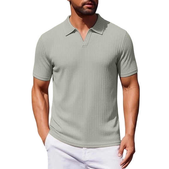 YLSDY Men's Vertical Ribbed V-Neck Collared Shirt, Textured Knit, Short Sleeve Casual Top Green XL