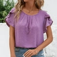 thumbnail image 5 of Olyvenn Womens Tops Dressy Casual Swiss Dot Crew Neck Ruffle Tunic Blouse for Women Cute Petal Short Sleeve Swiss Dot Shirt Office Purple M, 5 of 9