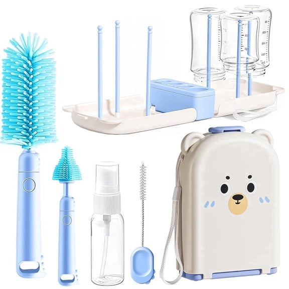 Travel Baby Bottle Cleaner Kit, 7 in 1 Portable Silicone Brush Set with Drying Rack and Leak-Proof Soap Dispenser, Blue