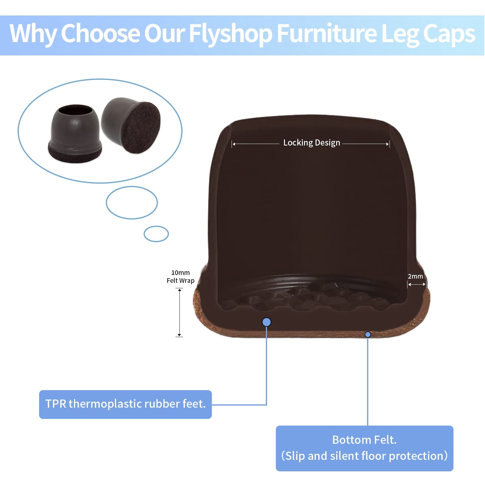 Flyshop 8PCS Round Chair Leg Caps with Felt Pads Durable Floor Protectors for Hardwood Floor Prevent Scratches Reduce Noise Foot Cap, Dark Brown Protective Caps, 19 to 25 mm