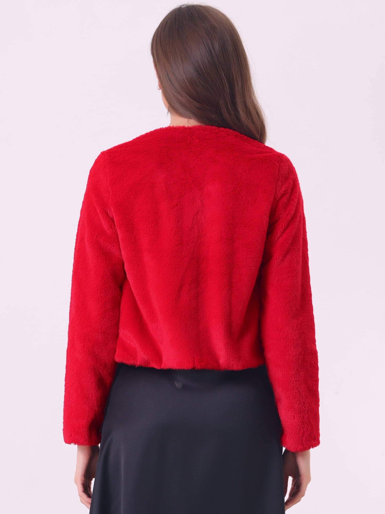 DARING DIVA Women's Faux Fur Cropped Open Front Jacket Bolero Coat L Red