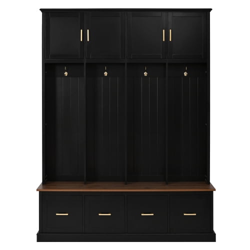 U-Can Farmhouse Entryway Hall Tree with Coat Hooks, Cabinets and Drawers, with Wood Accents and Gold Hardware, Black