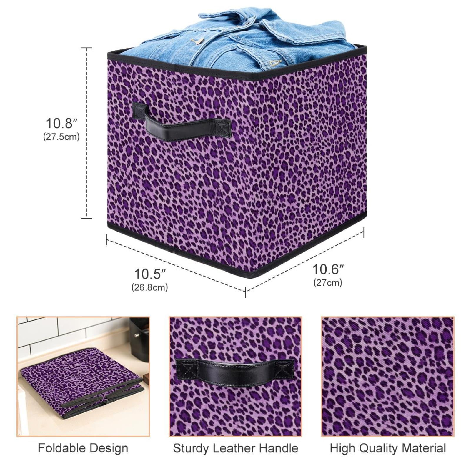 RATGDN Collapsible Fabric Cube Storage Bin with Double Handles for Living Room Bedroom Office Black - Deep Purple Leopard Print