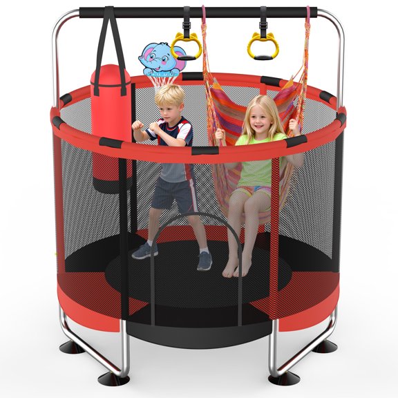 SEMOPRUS 55" Trampoline for Kids with Enclosure Net, 440lbs Indoor Outdoor Toddler Trampoline, Adjustable Gymnastics Bar&Toys, for Boys Girls
