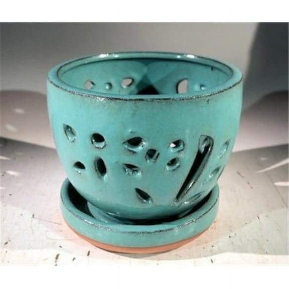 Ceramic Orchid Pot, Light Blue - Round