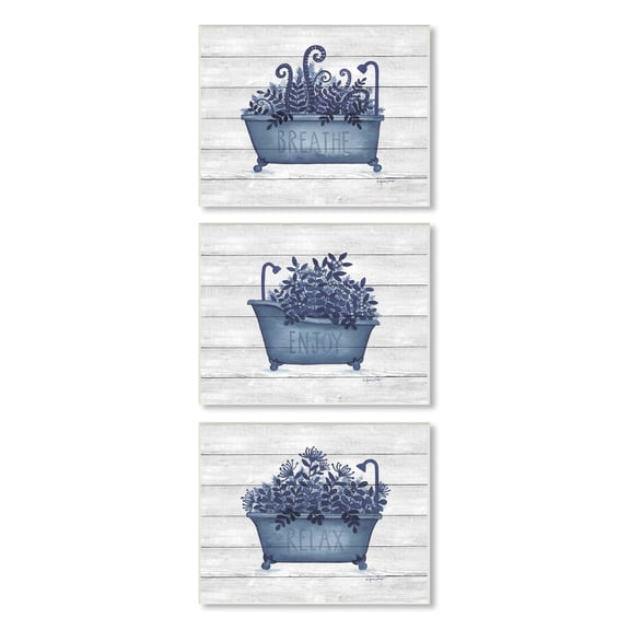 Stupell Industries Enjoy Relaxing Bath Tub Blue Foliage Striped Background,15 x 10, Design by Annie Lapoint