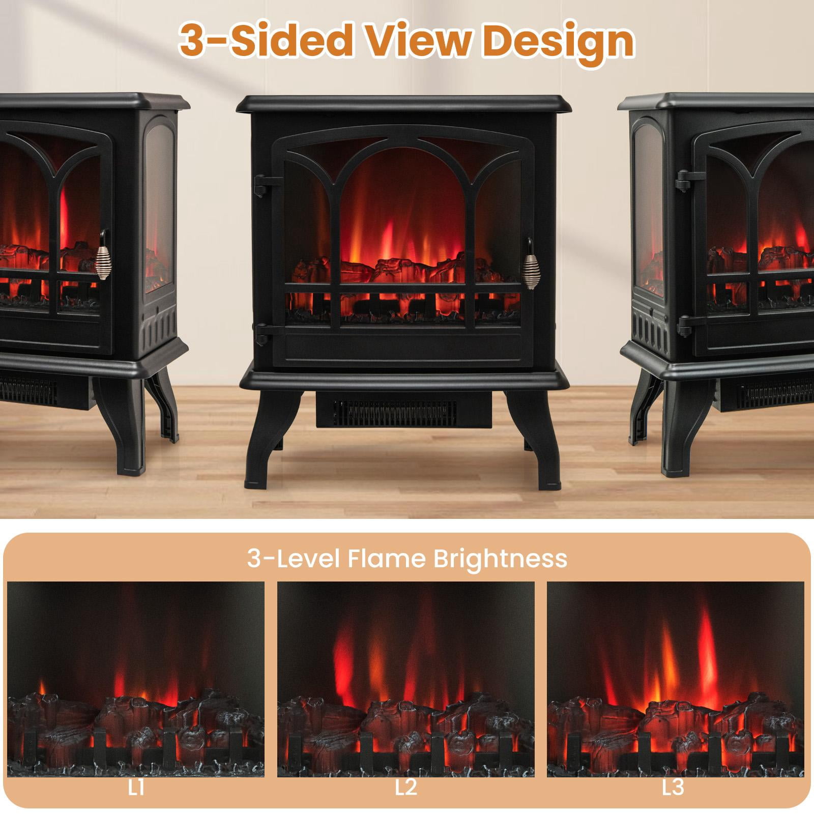 Giantex Electric Fireplace Stove, Freestanding Compact Space Heater w/3-Sided View, Remote Control, 0.5-6H Timer