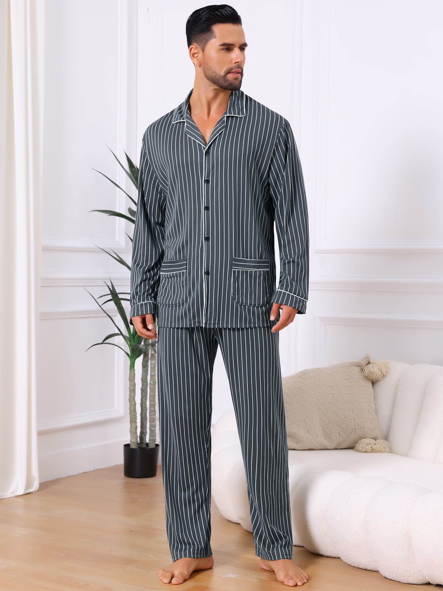 DARING DIVA Men's 2-Piece Long Sleeve Button Down Pocket Pajamas Set L Black White