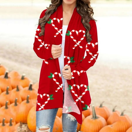 

jsaierl Women Chirstmas Cardigan Long Sleeve Open Front Shirts Candy Print Tops Lightweight Casual Fashion Womens Fall Fashion 2022