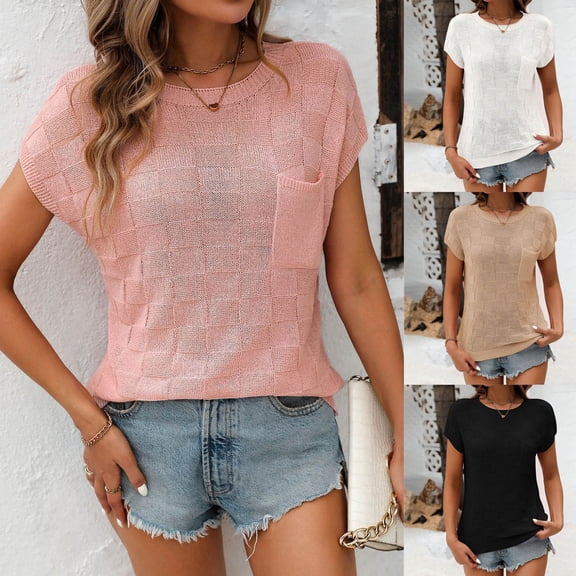 Olyvenn Stylish Womens Summer Cap Sleeve Tops Casual Crewneck Knit Short Sleeve Sweater Loose Fit Lightweight Shirts Black 8