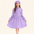 thumbnail image 2 of SERTG Kids Solid Color Lapel Dress Set Long Sleeve Button Down and Hat Casual Comfortable Two-Piece Skirt Outfit(Purple,12-13 Years), 2 of 9