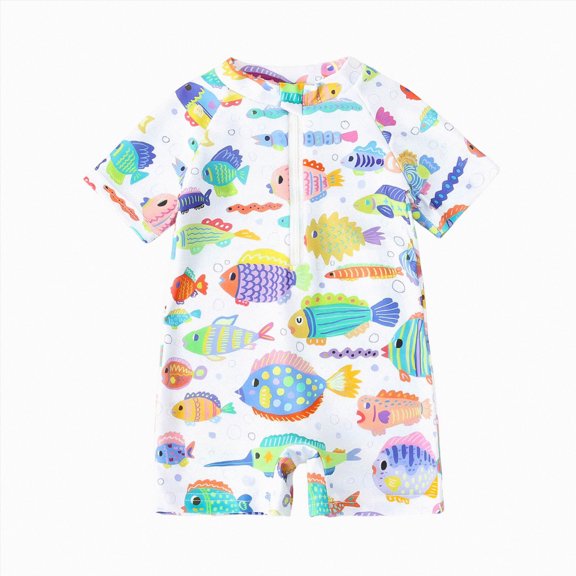 Xudanell Toddler Baby Boys Swimsuit One Piece Rash Guard Bathing Suit Sun Protection Short Sleeve Zipper Beach Shark Swimwear White for Size 2-3 Years