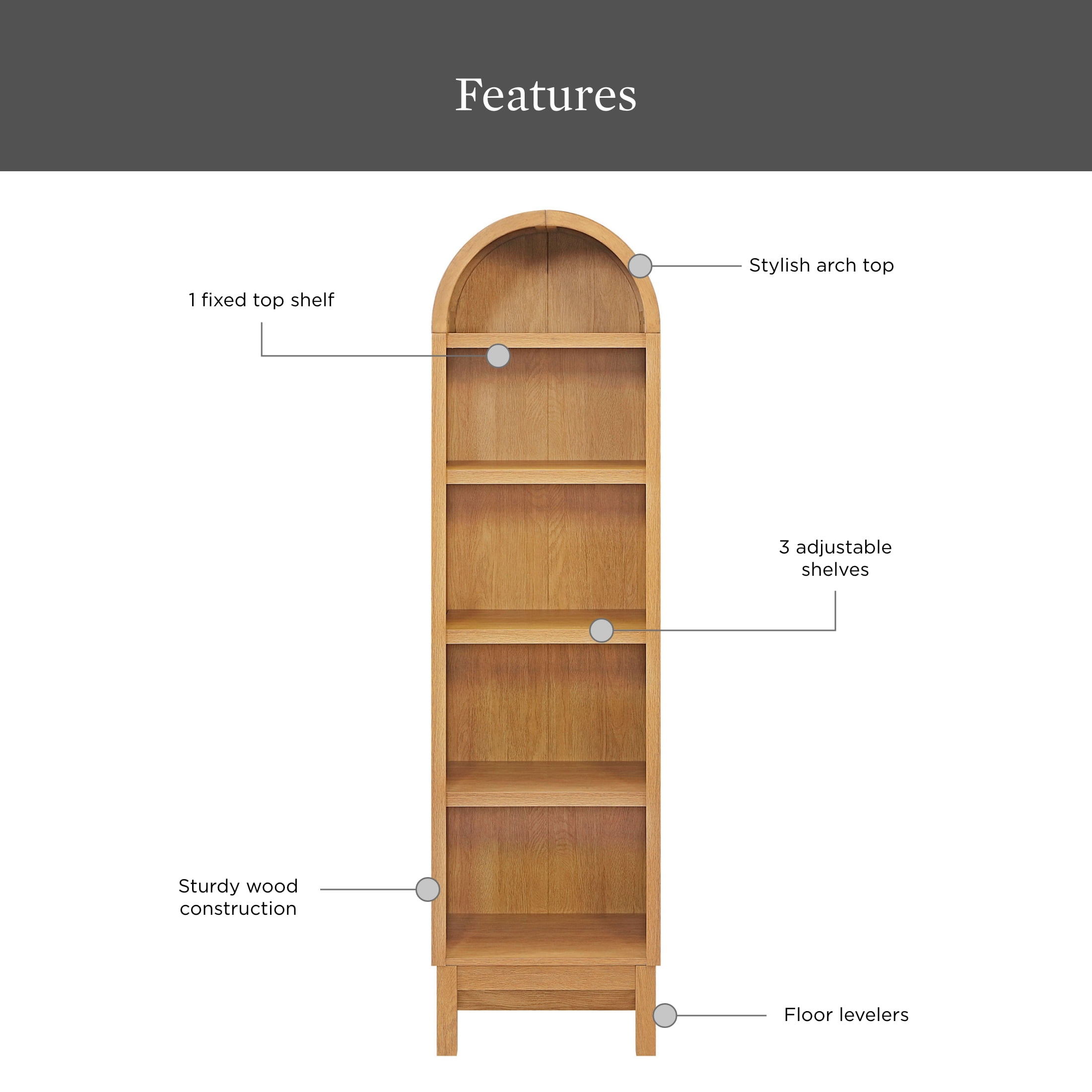Better Homes & Gardens Juliet Narrow Arch Bookcase, Light Honey Finish