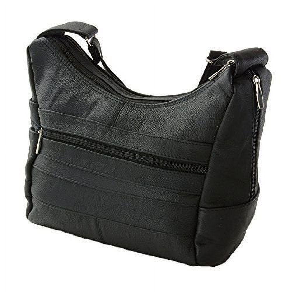 Women's Genuine Leather Purse Adjustable Strap Mid Size Multi Pocket Shoulder Bag (Black)