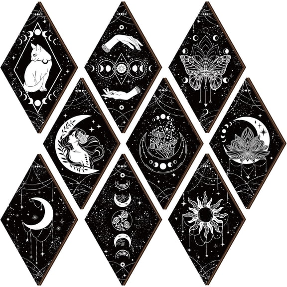 9 Pcs Boho Wall Decor Moon Phases Wall Art Minimalist Wooden Boho Room Decor Gothic Stars and Moon Pediments Rustic Hanging for Bedroom Living Room Farmhouse Decoration
