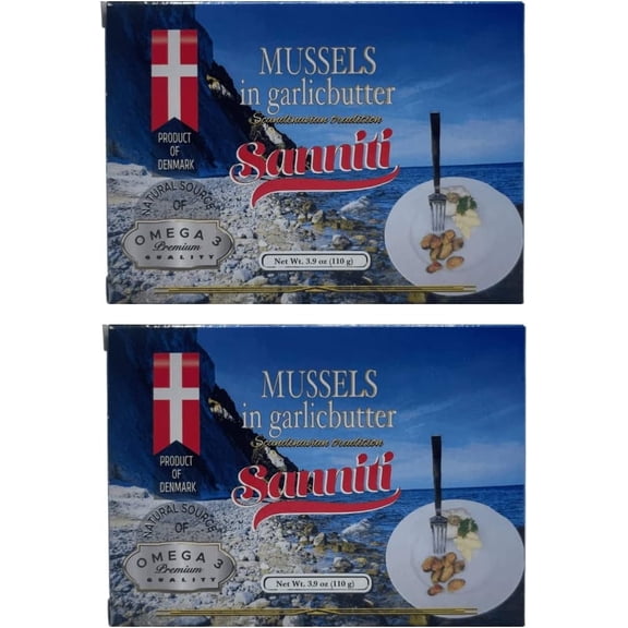 Sanniti Mussels in Garlic Butter, Natural Source of Omega 3, Just Heat and Serve, 3.9 oz Cans, Pack of 2