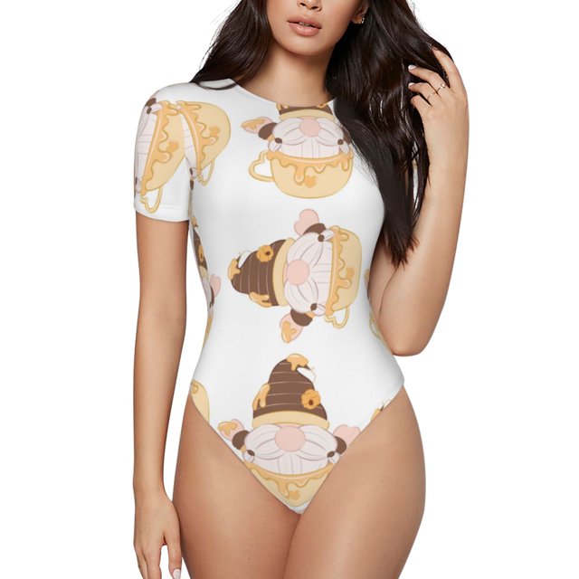 Balery Cute Bee Gnome Body de cuello redondo de manga corta para mujer Tops de manga corta Tops básicos-X-Large