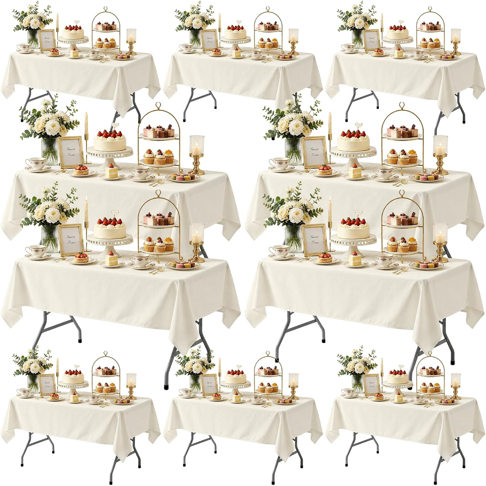 QHTER10 Pack Ivory Tablecloth 60 x 102 Inch, Rectangle 6 Feet Table Cloth - Wrinkle and Stain Resistant Washable Polyester Decorative Fabric Table Cover for Dining Tables, Buffet Parties and Camping