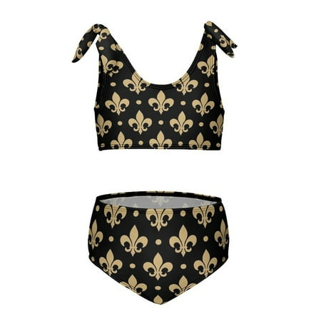 Gold & Black Fleur De Lis - Saints Fans Louisiana Girl s 2 Piece Bikini Set Beach Sport Swimsuit Swimwear 8-10Y130cm