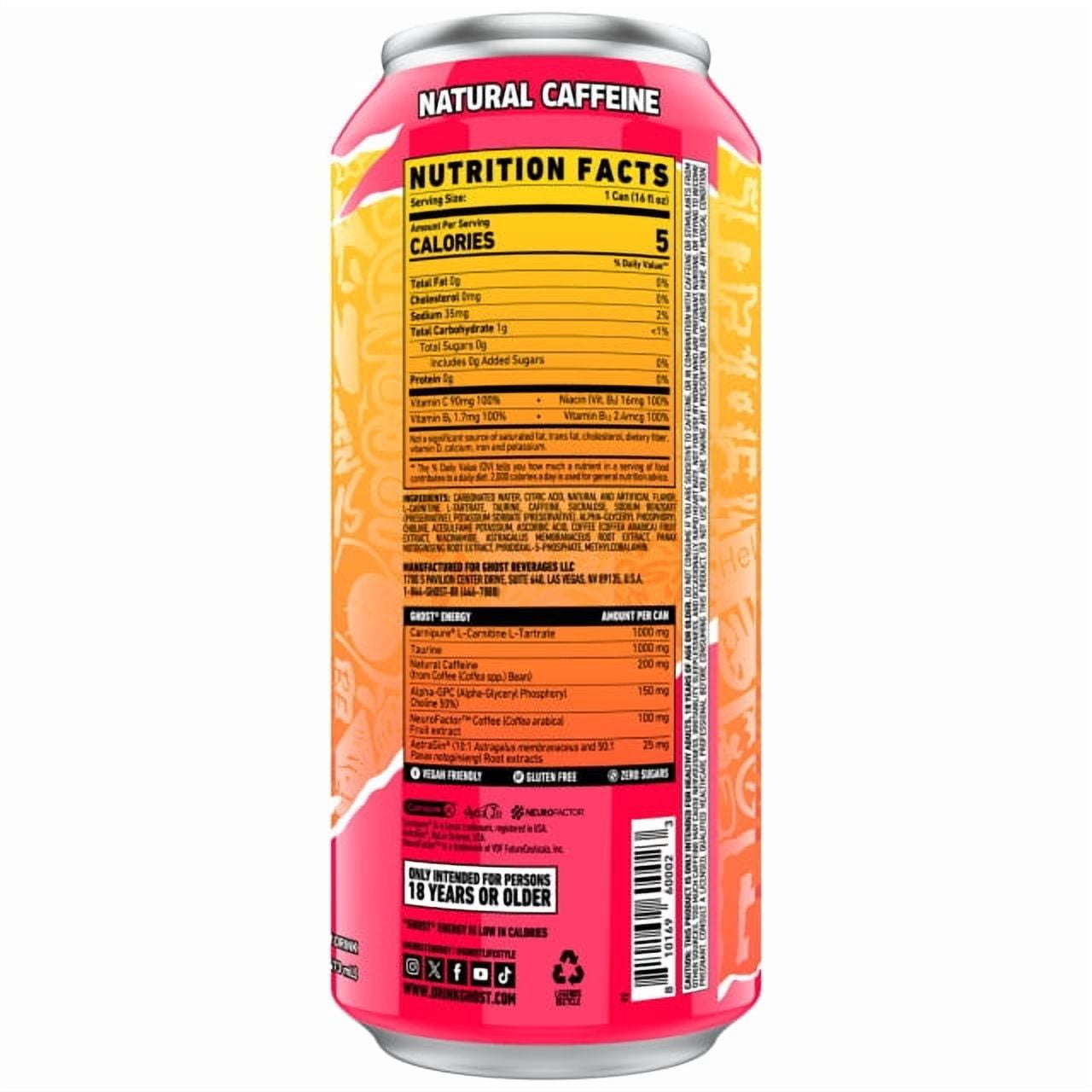 GHOST® ENERGY Zero Sugars Energy Drink, Strawbango, 200mg Natural Caffeine, 16 fl oz Can
