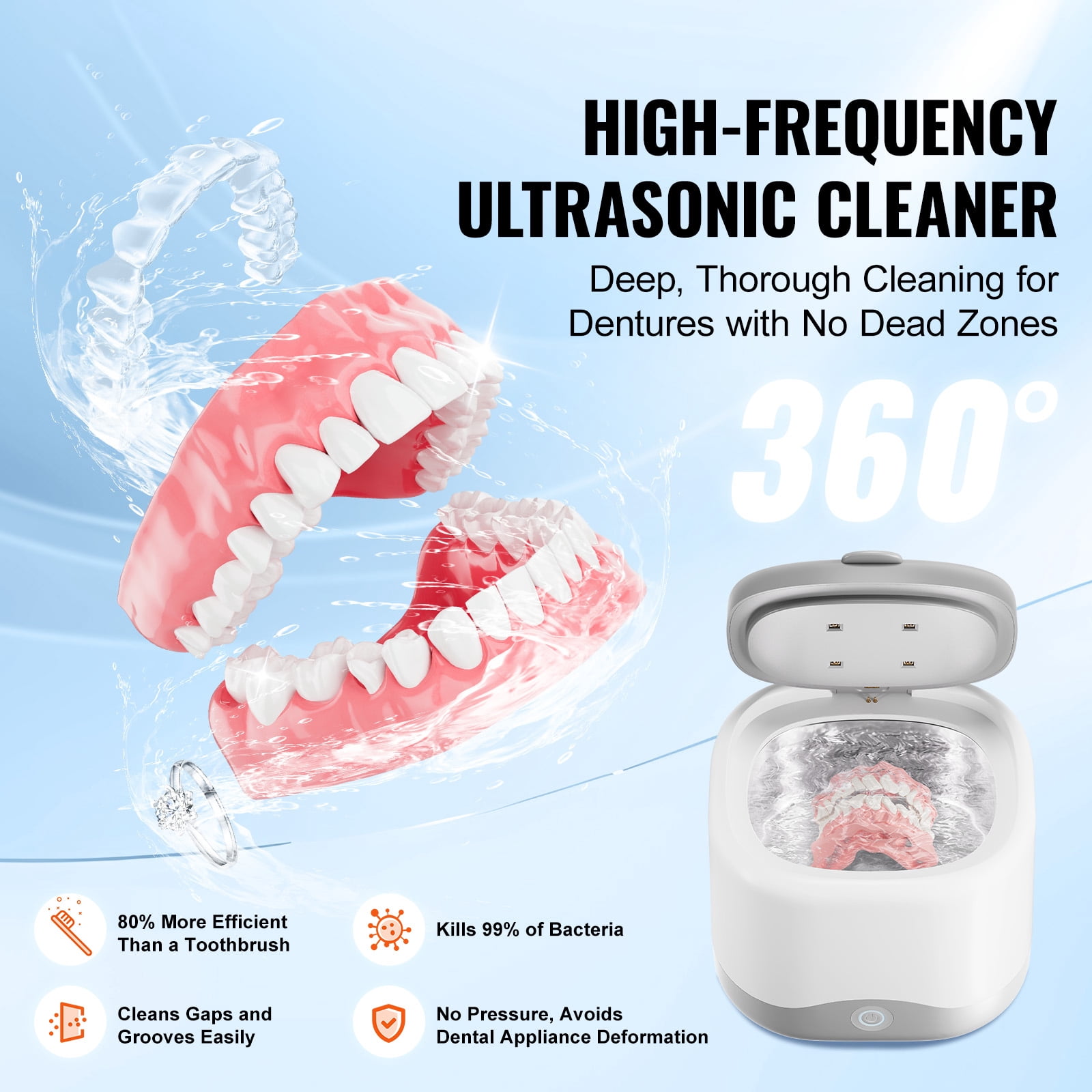 KFFKFF Sonic Wash Device, 200ML Capacity for Dental Care, UV Sanitization, 30W Power for Cleaning Dentures, Aligners, Braces, Mouthpieces, Toothbrush and Shaver Attachments, Jewelry
