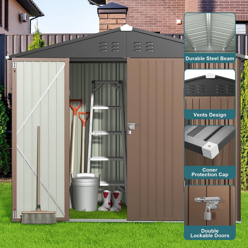 8' x 6' Outdoor Storage Shed on Sale, Aiho Shed & Outdoor Storage Clearance, Metal Storage Shed for Outside, Backyard, Garden & Patio - Light Brown