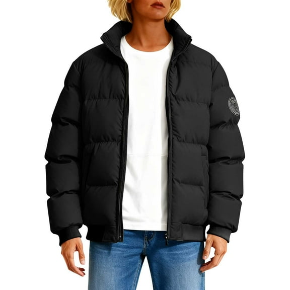 Zedker Fall and Winter Thermal Puffer Jackets for Women, Casual Stand Collar Long Sleeve Comfy Loose Zippper Coats with Pockets,Black,L