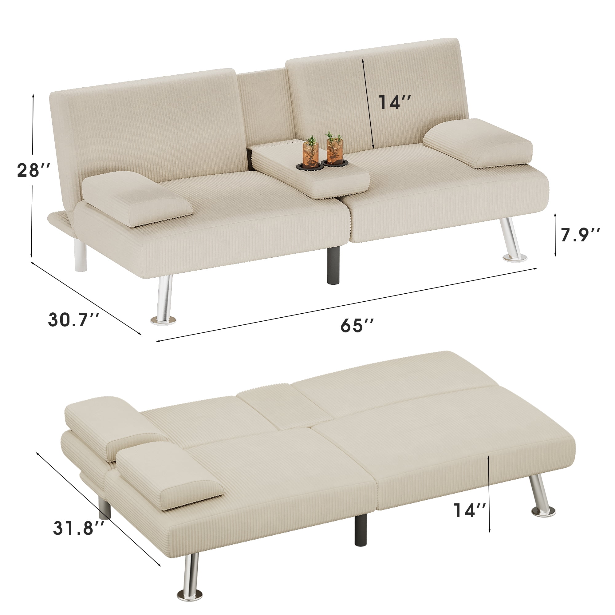 Homall  Futon Sofa Bed with Armrests and Cup Holders,Adjustable Backrest Angles,Convertible bed,Beige