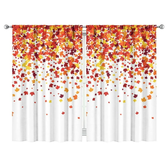 2 Pack Autumn Pumpkin Pattern Kitchen Curtains - Farmhouse Tier Window Treatment Panels with Fall Leaves & Thanksgiving Theme, 52x84 Inch, Rod Pocket Semi-Sheer Caf Curtains